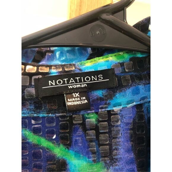 Notations Women’s Blue and Green Square Print Shiny Button Up Jacket Size XL - Picture 7 of 9